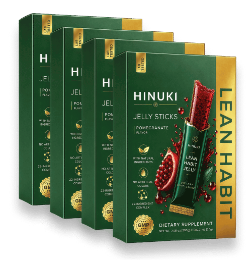 Lote de 4 packs de Hinuki — cuatro cajas verdes de barritas de gelatina Lean Habit, el más popular