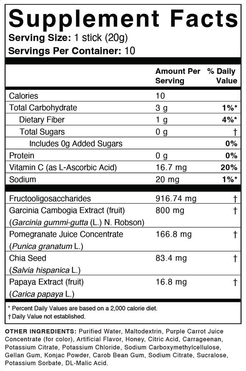 Etiqueta de información nutricional de la barrita de gelatina Hinuki con calorías, fibra e ingredientes